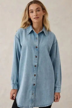Ceres Life Tops|Longline Denim Shirt - Vintage blue