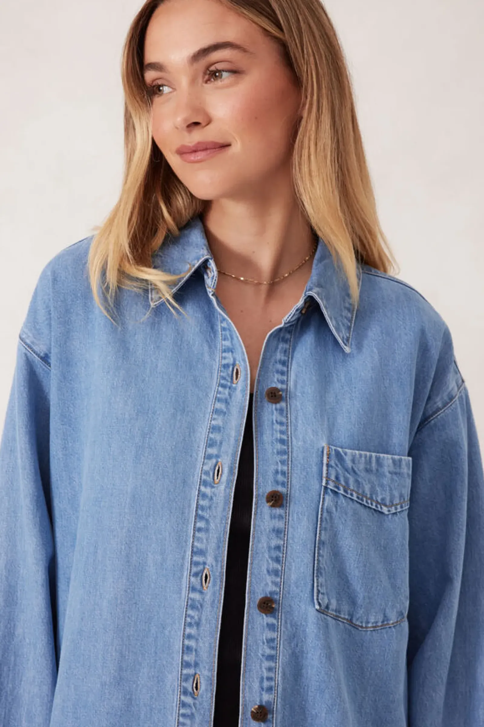 Ceres Life Tops|Longline Panelled Denim Shirt - Mid Vintage Blue
