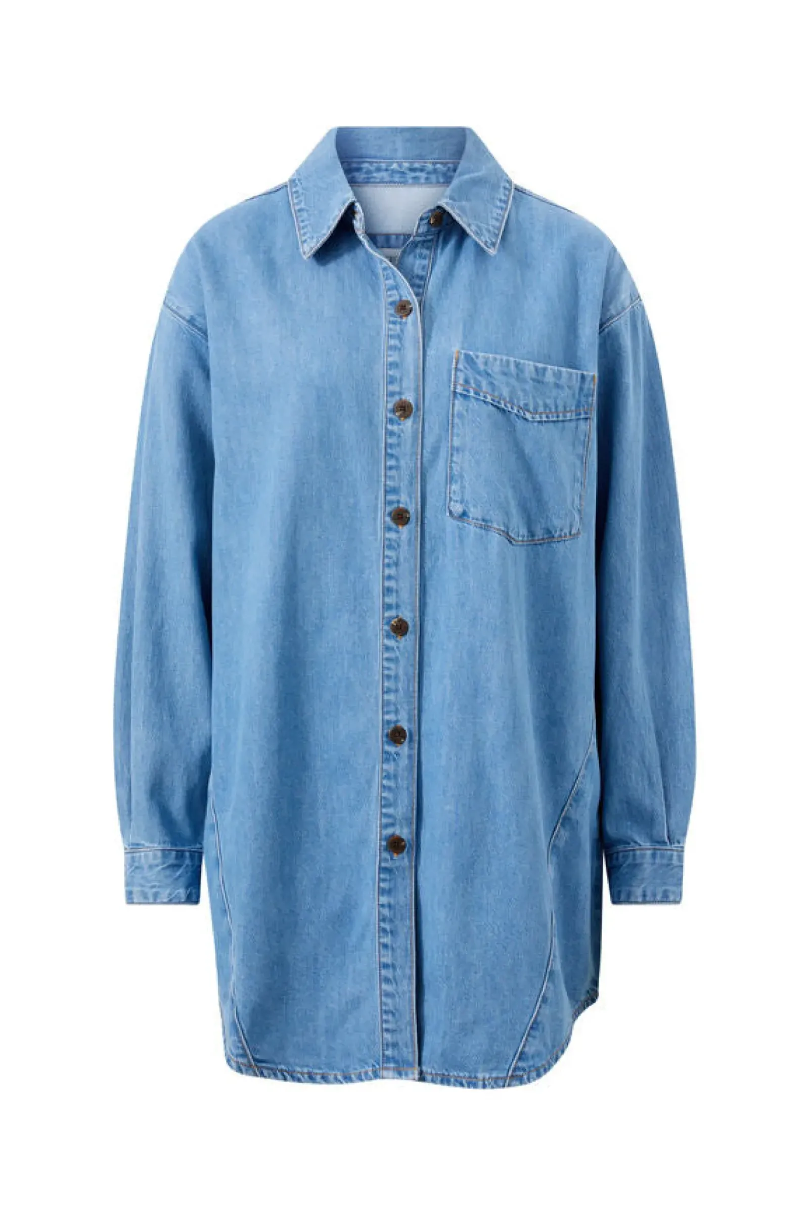Ceres Life Tops|Longline Panelled Denim Shirt - Mid Vintage Blue