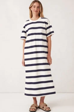 Ceres Life Dresses|Midi Terry Dress - White Navy Bold Stripe