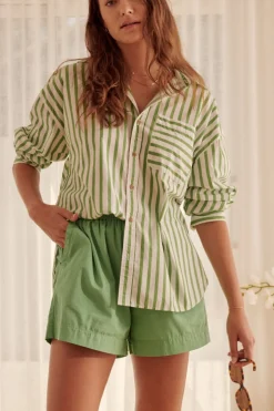 Ceres Life Tops|Oversized Organic Cotton Poplin Shirt - Splash Green White Stripe