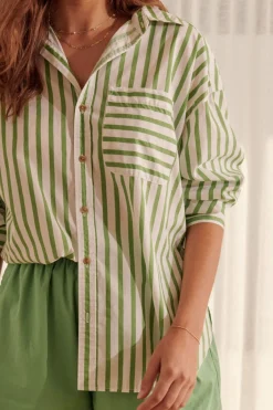 Ceres Life Tops|Oversized Organic Cotton Poplin Shirt - Splash Green White Stripe