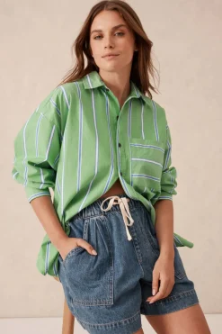 Ceres Life Tops|Oversized Organic Cotton Poplin Shirt - Grass Green Oxford Blue Stripe