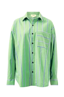 Ceres Life Tops|Oversized Organic Cotton Poplin Shirt - Grass Green Oxford Blue Stripe