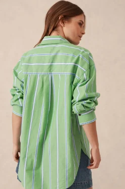 Ceres Life Tops|Oversized Organic Cotton Poplin Shirt - Grass Green Oxford Blue Stripe