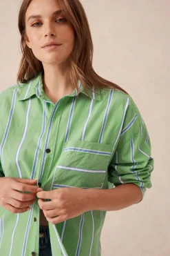 Ceres Life Tops|Oversized Organic Cotton Poplin Shirt - Grass Green Oxford Blue Stripe