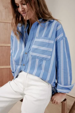 Ceres Life Tops|Oversized Organic Cotton Poplin Shirt - Blue White Triple Stripe