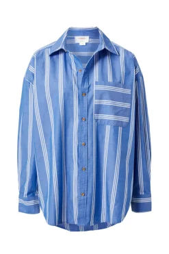 Ceres Life Tops|Oversized Organic Cotton Poplin Shirt - Blue White Triple Stripe
