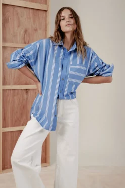 Ceres Life Tops|Oversized Organic Cotton Poplin Shirt - Blue White Triple Stripe