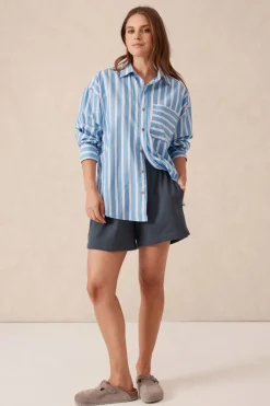 Ceres Life Tops|Oversized Organic Cotton Poplin Shirt - Blue White Red Stripe