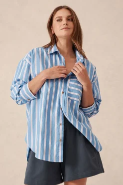 Ceres Life Tops|Oversized Organic Cotton Poplin Shirt - Blue White Red Stripe