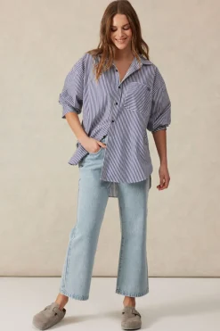 Ceres Life Tops|Oversized Organic Cotton Poplin Shirt - College Blue White Narrow Stripe