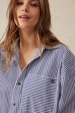 Ceres Life Tops|Oversized Organic Cotton Poplin Shirt - College Blue White Narrow Stripe