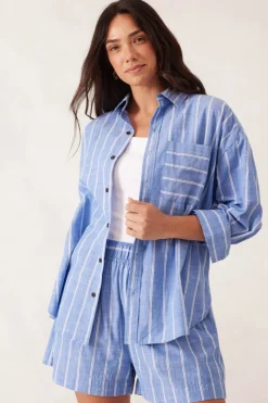Ceres Life Tops|Oversized Poplin Shirt - Oxford Blue White Twin Stripe