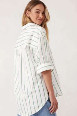 Ceres Life Tops|Oversized Poplin Shirt- Grass Fine Twin Stripe