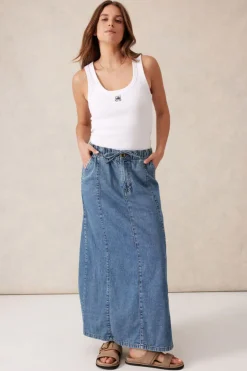 Ceres Life Skirts|Panelled Maxi Skirt - Worn Blue Denim