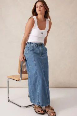 Ceres Life Skirts|Panelled Maxi Skirt - Worn Blue Denim