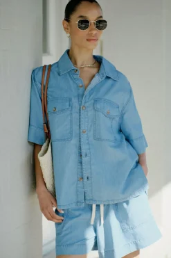 Ceres Life Tops|Relaxed Short Sleeve Shirt - Vintage Blue Pinstripe
