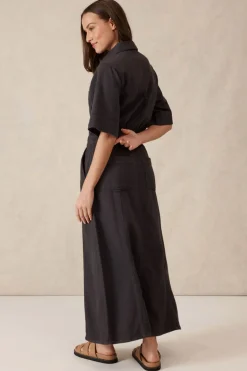 Ceres Life Dresses|Short Sleeve Denim Midi Shirt Dress - Washed Black Twill