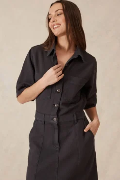 Ceres Life Dresses|Short Sleeve Denim Midi Shirt Dress - Washed Black Twill