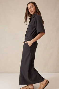 Ceres Life Dresses|Short Sleeve Denim Midi Shirt Dress - Washed Black Twill