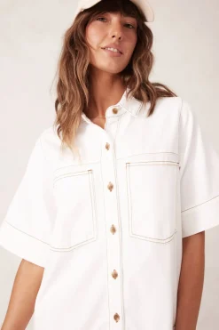 Ceres Life Dresses|Short Sleeve Tiered Pocket Shirt Dress - Fresh Ecru