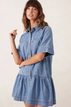 Ceres Life Dresses|Short Sleeve Tiered Pocket Shirt Dress  - Vintage Blue