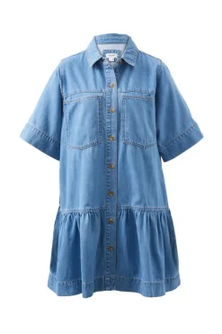 Ceres Life Dresses|Short Sleeve Tiered Pocket Shirt Dress  - Vintage Blue