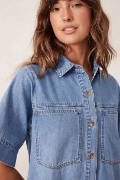 Ceres Life Dresses|Short Sleeve Tiered Pocket Shirt Dress  - Vintage Blue