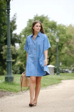 Ceres Life Dresses|Short Sleeve Tiered Pocket Shirt Dress  - Vintage Blue