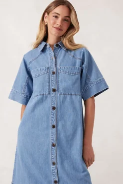 Ceres Life Toggle Menu|Dresses|Short Sleeve Yoke Detail Midi Dress - Vintage Blue