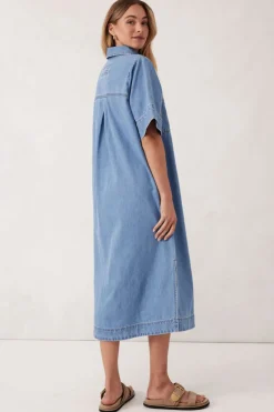 Ceres Life Toggle Menu|Dresses|Short Sleeve Yoke Detail Midi Dress - Vintage Blue