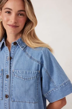 Ceres Life Toggle Menu|Dresses|Short Sleeve Yoke Detail Midi Dress - Vintage Blue