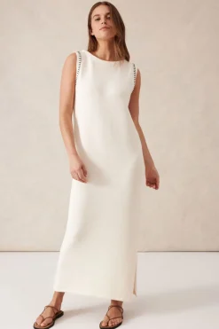 Ceres Life Dresses|Sleeveless Boat Neck Knit Midi Dress - Eggshell