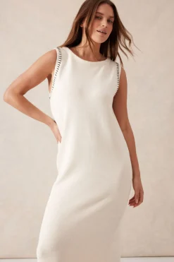 Ceres Life Dresses|Sleeveless Boat Neck Knit Midi Dress - Eggshell