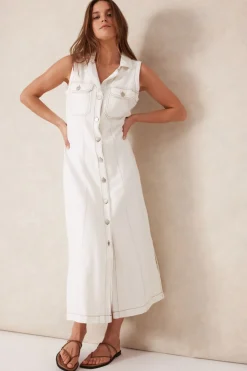 Ceres Life Dresses|Sleeveless Panelled Midi Shirt Dress - Fresh Ecru