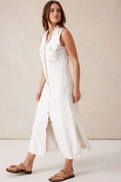 Ceres Life Dresses|Sleeveless Panelled Midi Shirt Dress - Fresh Ecru