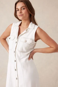 Ceres Life Dresses|Sleeveless Panelled Midi Shirt Dress - Fresh Ecru