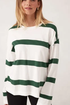 Ceres Life Tops|Slouchy Long Sleeve - Vanilla Pine Green Bold Stripe