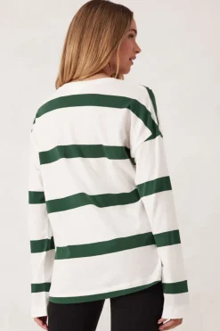 Ceres Life Tops|Slouchy Long Sleeve - Vanilla Pine Green Bold Stripe