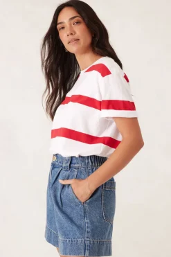 Ceres Life Tops|Slouchy Split Hem Tee - White/Heritage Red Bold Stripe