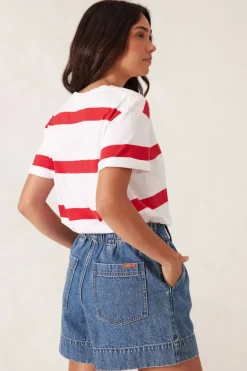 Ceres Life Tops|Slouchy Split Hem Tee - White/Heritage Red Bold Stripe