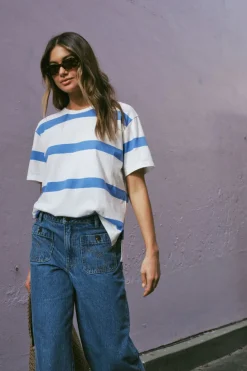 Ceres Life Tops|Slouchy Split Hem Tee - Vanilla/Pool Blue