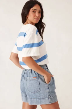 Ceres Life Tops|Slouchy Split Hem Tee - Vanilla/Pool Blue Bold Stripe