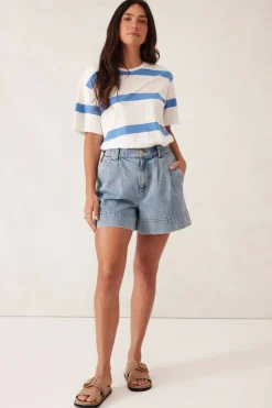 Ceres Life Tops|Slouchy Split Hem Tee - Vanilla/Pool Blue Bold Stripe