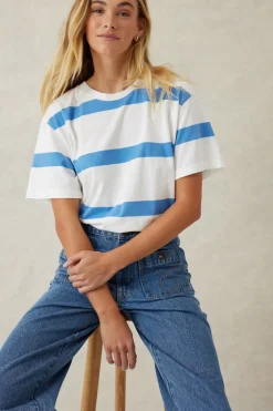 Ceres Life Tops|Slouchy Split Hem Tee - Vanilla/Pool Blue Bold Stripe