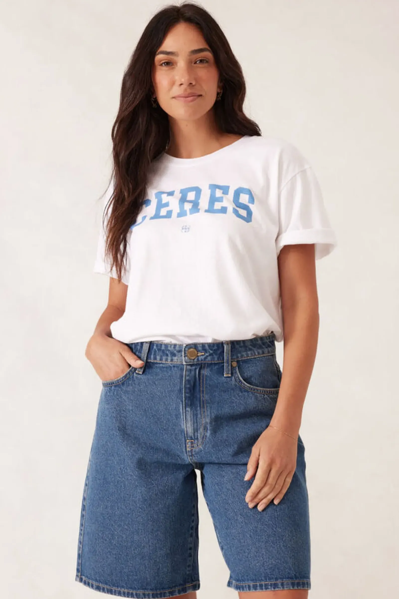 Ceres Life Tops|Slouchy Split Hem Tee - White/Ceres Varisty Pool Blue
