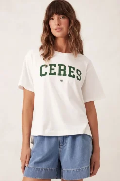 Ceres Life Tops|Slouchy Split Hem Tee - Vanilla/Pine Green Varsity