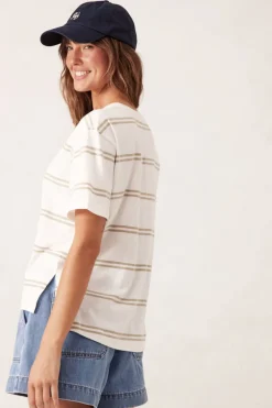 Ceres Life Tops|Slouchy Split Hem Tee - Vanilla/Matcha Double Stripe