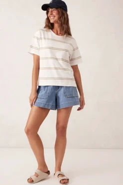 Ceres Life Tops|Slouchy Split Hem Tee - Vanilla/Matcha Double Stripe